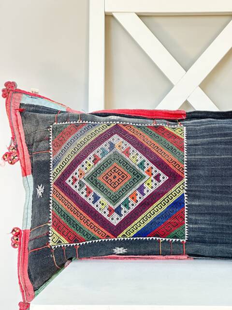 "Indigo Tribal Hmong Lumbar Pillow Cover Hand Woven Hemp, 12"" X 24" - image 1