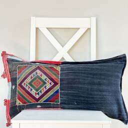 "Indigo Tribal Hmong Lumbar Pillow Cover Hand Woven Hemp, 12"" X 24" - thumbnail 2