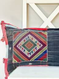 "Indigo Tribal Hmong Lumbar Pillow Cover Hand Woven Hemp, 12"" X 24" - thumbnail 1