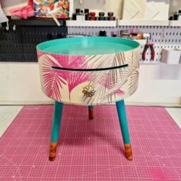 Cream, Pink & Mint Green Bedside Table. Palm Leaf Design Nightstand, Real Metallic Swirl Legs, Ornate Bronze Marble Effect Handle
