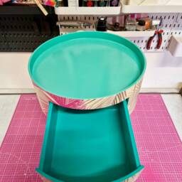 Cream, Pink & Mint Green Bedside Table. Palm Leaf Design Nightstand, Real Metallic Swirl Legs, Ornate Bronze Marble Effect Handle - thumbnail 4