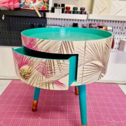 Cream, Pink & Mint Green Bedside Table. Palm Leaf Design Nightstand, Real Metallic Swirl Legs, Ornate Bronze Marble Effect Handle - thumbnail 2