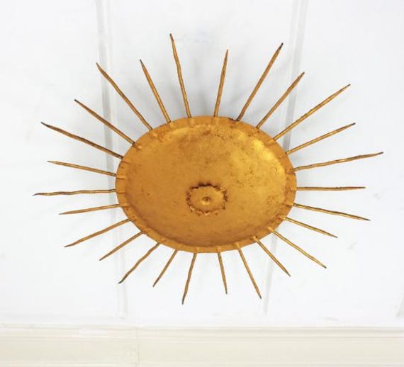 1940S Mid Century Sunburst Flush Mount in Gilt Wrought 3 Light Modern Raw Brass Pendant Sputnik Chandelier - image 1