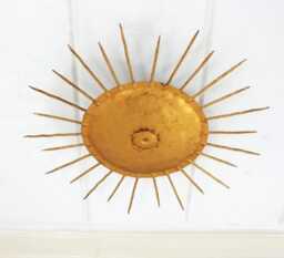 1940S Mid Century Sunburst Flush Mount in Gilt Wrought 3 Light Modern Raw Brass Pendant Sputnik Chandelier - thumbnail 1
