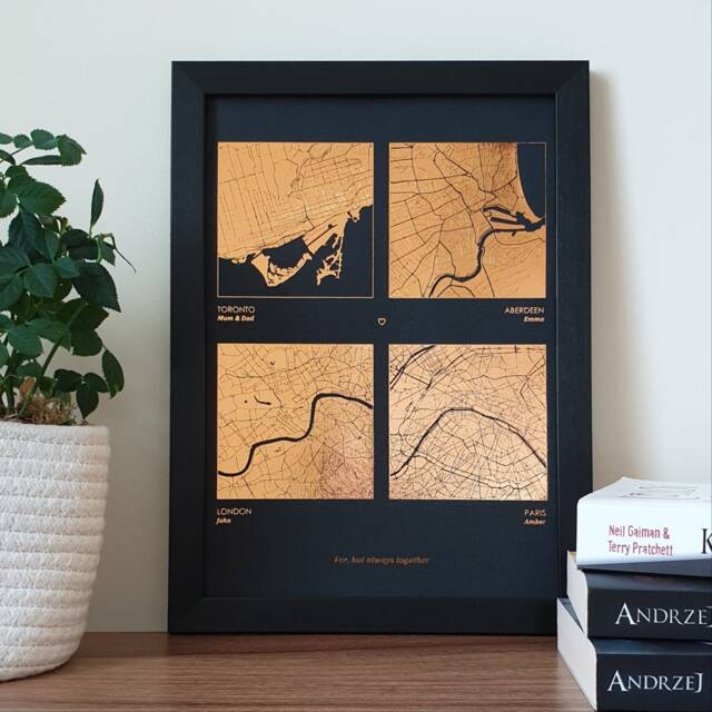 A4 Any Four Locations Metallic Map Print, Custom Multi Location Foil Personalised Print in Copper, Gold, Silver Or Rose Gold - image 1