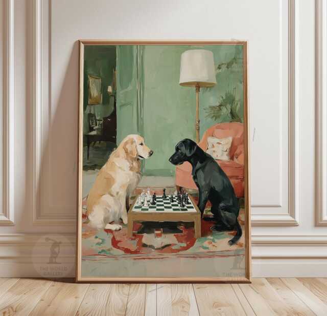 Golden Retriever & Black Labrador Chess Poster Print - Dogs Playing in Green Living Room Animal Wall Art - image 1