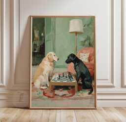 Golden Retriever & Black Labrador Chess Poster Print - Dogs Playing in Green Living Room Animal Wall Art - thumbnail 1