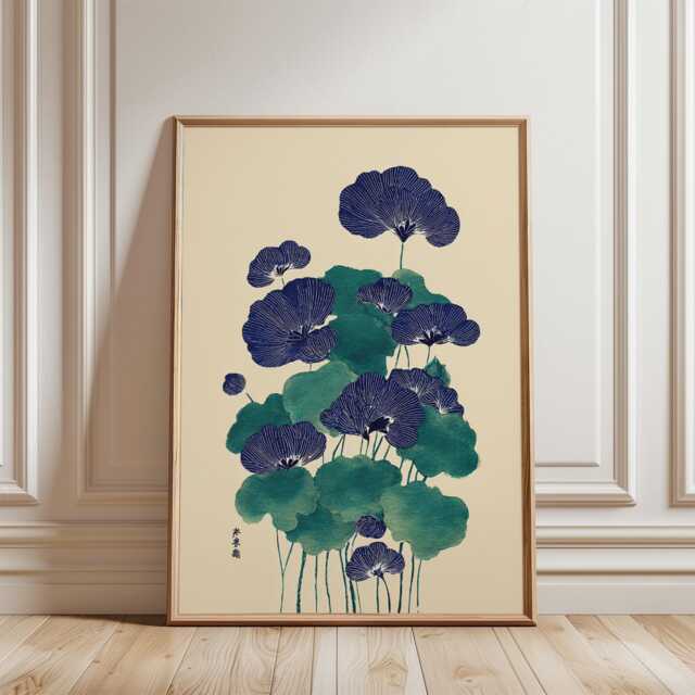 Blue Green Japanese Botanical Poster - Traditional Lotus Leaf Illustration Minimal Asian Wall Art - image 1
