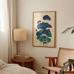 Blue Green Japanese Botanical Poster - Traditional Lotus Leaf Illustration Minimal Asian Wall Art - thumbnail 2