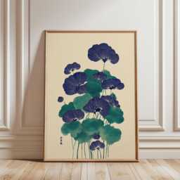 Blue Green Japanese Botanical Poster - Traditional Lotus Leaf Illustration Minimal Asian Wall Art - thumbnail 1