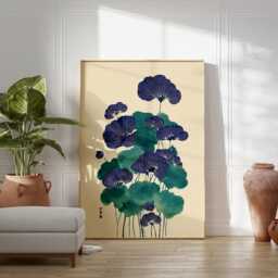 Blue Green Japanese Botanical Poster - Traditional Lotus Leaf Illustration Minimal Asian Wall Art - thumbnail 3