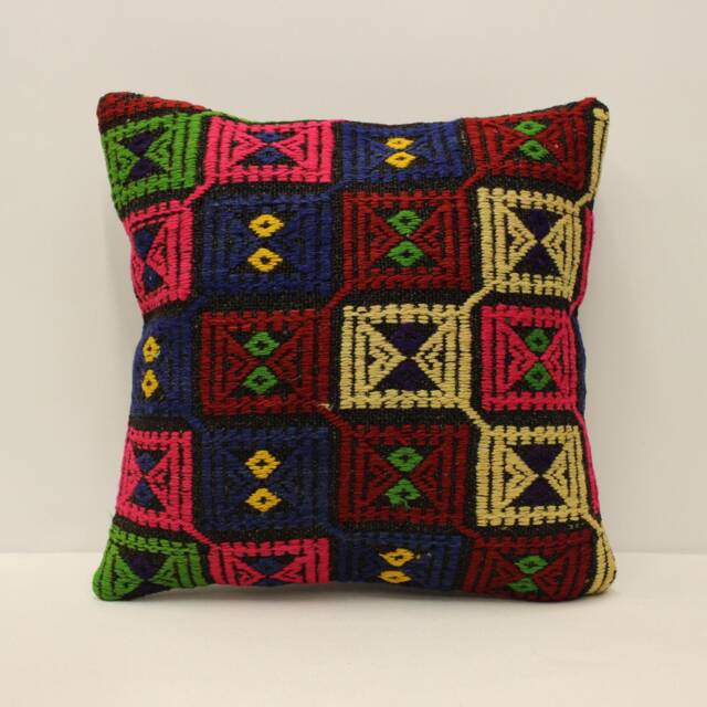 Handwoven Turkish Kilim Pillow, 16x16 Wool Cushion Cover - image 1