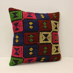 Handwoven Turkish Kilim Pillow, 16x16 Wool Cushion Cover - thumbnail 2