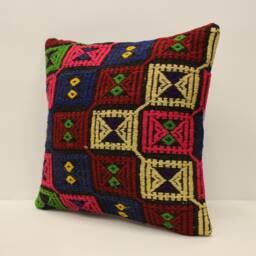 Handwoven Turkish Kilim Pillow, 16x16 Wool Cushion Cover - thumbnail 3