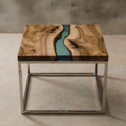 Square Epoxy Resin Table, Personalized Live Edge Coffee River Table Made With Walunt Wood - thumbnail 3