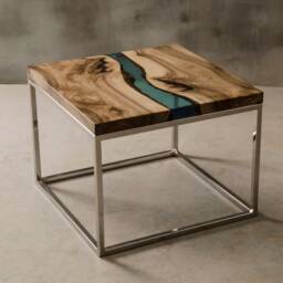 Square Epoxy Resin Table, Personalized Live Edge Coffee River Table Made With Walunt Wood