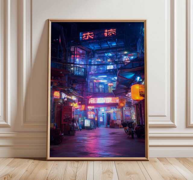 Cyberpunk Neon City Poster - Futuristic Street Scene Wall Art, Urban Night Alleyway Print, Modern Digital Aesthetic Decor - image 1