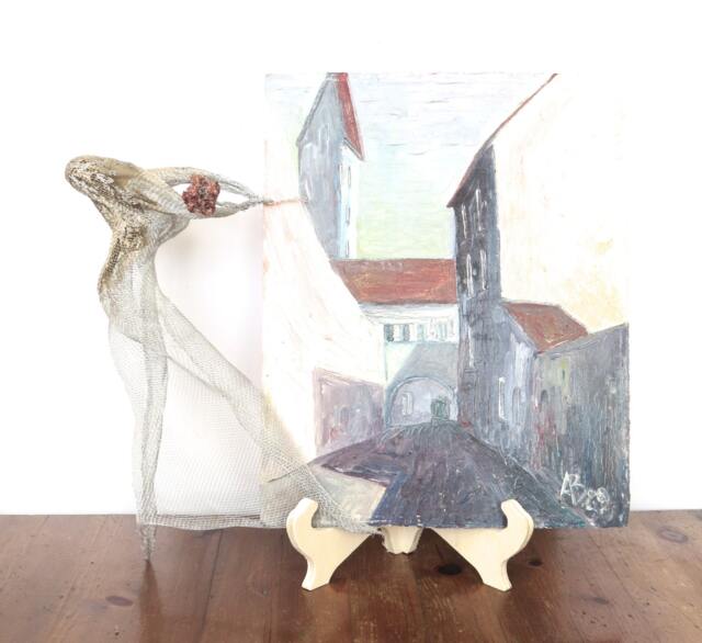 Girl With Flower Walking The Streets Of Vilnius Metal Mesh Sculpture On Vintage Oil Painting - Lithuanian Artist Ooak 1960's/Mixed Media - image 1