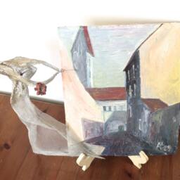 Girl With Flower Walking The Streets Of Vilnius Metal Mesh Sculpture On Vintage Oil Painting - Lithuanian Artist Ooak 1960's/Mixed Media - thumbnail 4