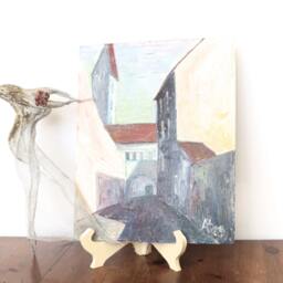 Girl With Flower Walking The Streets Of Vilnius Metal Mesh Sculpture On Vintage Oil Painting - Lithuanian Artist Ooak 1960's/Mixed Media - thumbnail 2
