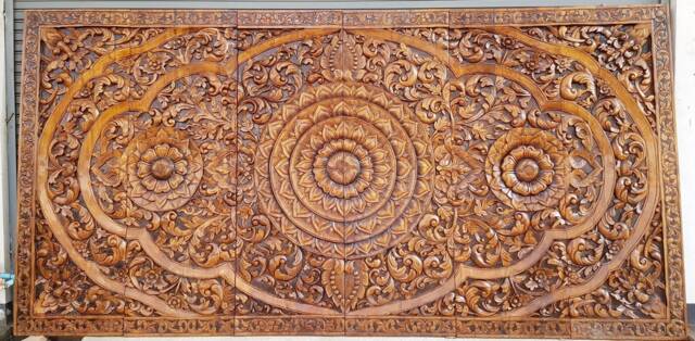 72 Inch Extra Large California King Bed Bohemian Carved Headboard Lotus Flower Wooden Sculpture Teak Wood Art Panel Wall Thailand Mandala - image 1