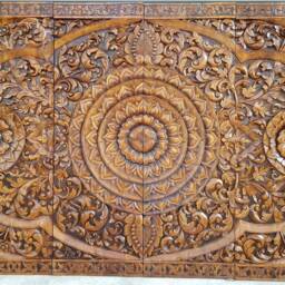 72 Inch Extra Large California King Bed Bohemian Carved Headboard Lotus Flower Wooden Sculpture Teak Wood Art Panel Wall Thailand Mandala - thumbnail 4