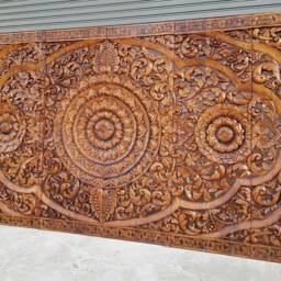 72 Inch Extra Large California King Bed Bohemian Carved Headboard Lotus Flower Wooden Sculpture Teak Wood Art Panel Wall Thailand Mandala - thumbnail 3