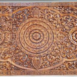 72 Inch Extra Large California King Bed Bohemian Carved Headboard Lotus Flower Wooden Sculpture Teak Wood Art Panel Wall Thailand Mandala - thumbnail 2