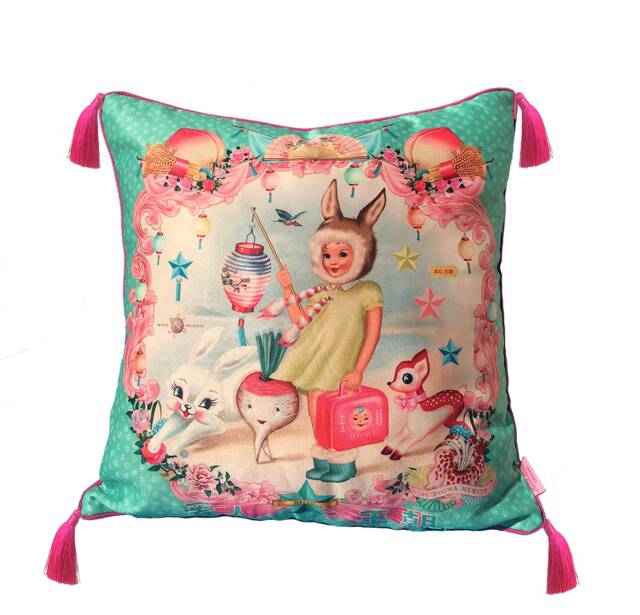 Bunny Girl Cushion Cover Asian Kitsch Retro Style With Tassels - image 1