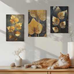 Canvas Art Set Of 3 - Leaves in Shades Yellow On A Dark Background, Large Wall Art, Plants & Flowers Hanging Piece - thumbnail 1
