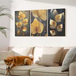 Canvas Art Set Of 3 - Leaves in Shades Yellow On A Dark Background, Large Wall Art, Plants & Flowers Hanging Piece - thumbnail 2