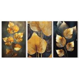 Canvas Art Set Of 3 - Leaves in Shades Yellow On A Dark Background, Large Wall Art, Plants & Flowers Hanging Piece - thumbnail 3