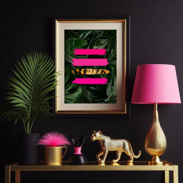 Jungle Leaves Abstract Wall Poster With Hot Pink & Leopard Strokes A Bold, Botanical, Maximalist Art Print - image 1