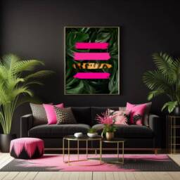 Jungle Leaves Abstract Wall Poster With Hot Pink & Leopard Strokes A Bold, Botanical, Maximalist Art Print - thumbnail 3