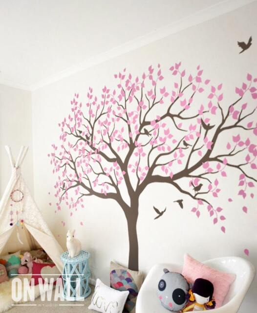 Charming Large Pink Leaf Tree Wall Decal With Birds - Vinyl Decor For Home Nature Wall Decor Art Nursery, Playroom, Bedroom Mm001 - image 1