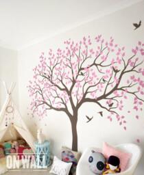 Charming Large Pink Leaf Tree Wall Decal With Birds - Vinyl Decor For Home Nature Wall Decor Art Nursery, Playroom, Bedroom Mm001