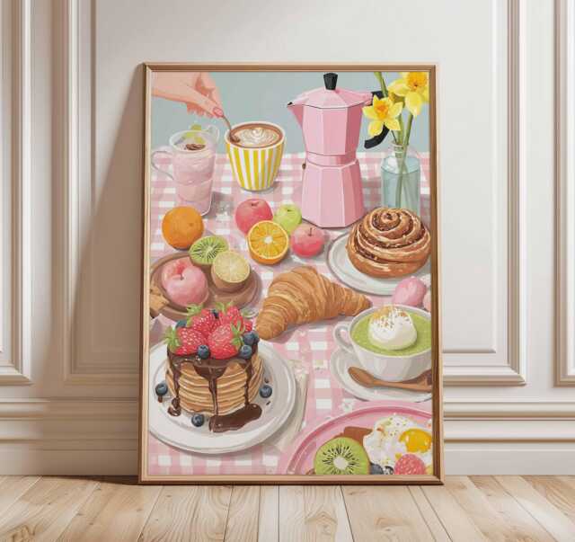 Breakfast Table Poster, Pastel Kitchen Wall Art Print, Croissant & Pancakes Illustration, Cozy Brunch Decor, Coffee Pastry Artwork - image 1