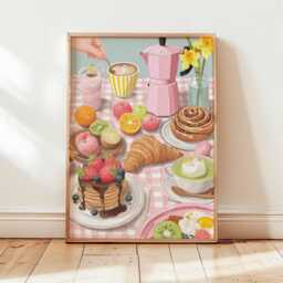 Breakfast Table Poster, Pastel Kitchen Wall Art Print, Croissant & Pancakes Illustration, Cozy Brunch Decor, Coffee Pastry Artwork - thumbnail 3