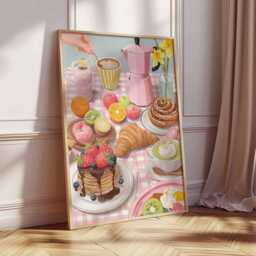 Breakfast Table Poster, Pastel Kitchen Wall Art Print, Croissant & Pancakes Illustration, Cozy Brunch Decor, Coffee Pastry Artwork - thumbnail 2