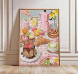 Breakfast Table Poster, Pastel Kitchen Wall Art Print, Croissant & Pancakes Illustration, Cozy Brunch Decor, Coffee Pastry Artwork - thumbnail 1