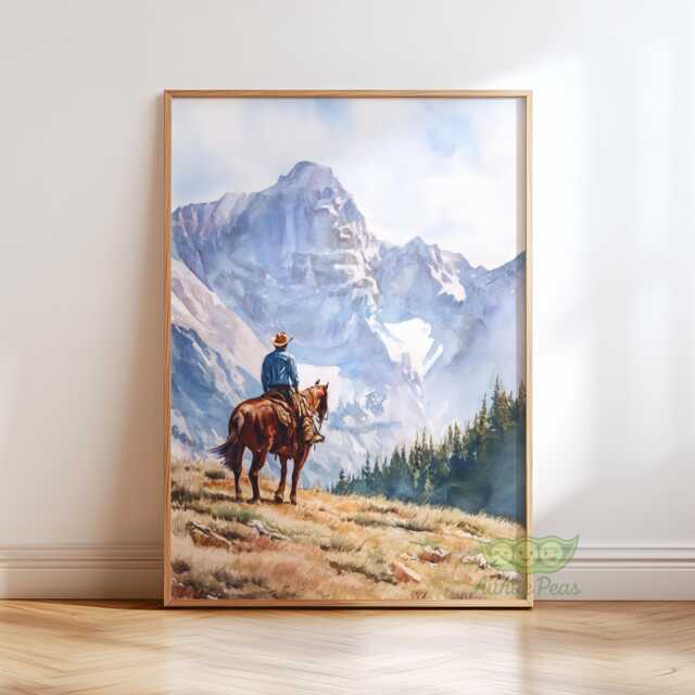 Cowboy Mountain Wall Art, South Western Horseback Print, Rustic Lodge Decor, Americana Country Poster, Adventure Nature Artwork, Mid-Century - image 1
