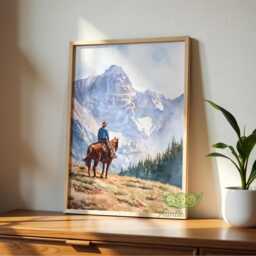 Cowboy Mountain Wall Art, South Western Horseback Print, Rustic Lodge Decor, Americana Country Poster, Adventure Nature Artwork, Mid-Century - thumbnail 3