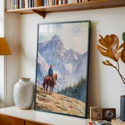Cowboy Mountain Wall Art, South Western Horseback Print, Rustic Lodge Decor, Americana Country Poster, Adventure Nature Artwork, Mid-Century - thumbnail 2