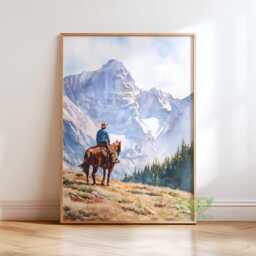 Cowboy Mountain Wall Art, South Western Horseback Print, Rustic Lodge Decor, Americana Country Poster, Adventure Nature Artwork, Mid-Century - thumbnail 1