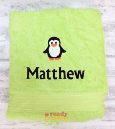 Personalised Swimming/Bath Towel Sheet Penguin Embroidered Unisex Boys Girls Children's Kids With Any Name 500Gsm - thumbnail 1