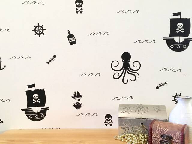 Pirate Wall Decals Set, Peel & Stick Ships Octopus Skulls Anchors Waves, Removable Vinyl Nursery Kids Room Playroom Decor - image 1