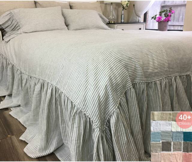 Linen Bed Cover With Waterfall Ruffles, 80+ Choices, Custom Made - image 1
