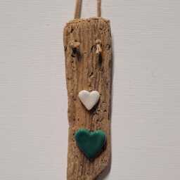 Character Driftwood & Ceramic Green & White Heart Wall Hanging Plaque Shabby Chic - thumbnail 2