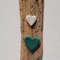 Character Driftwood & Ceramic Green & White Heart Wall Hanging Plaque Shabby Chic - thumbnail 3