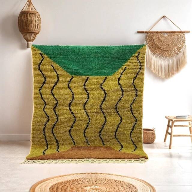 Handmade Moroccan Green Wool Rug Authentic Berber Design - image 1